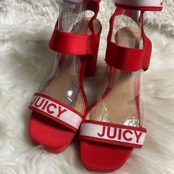 Juicy Couture Glisten fabric Red and white platform ankle strap  heels SZ8.5 M - Picture 4 of 14